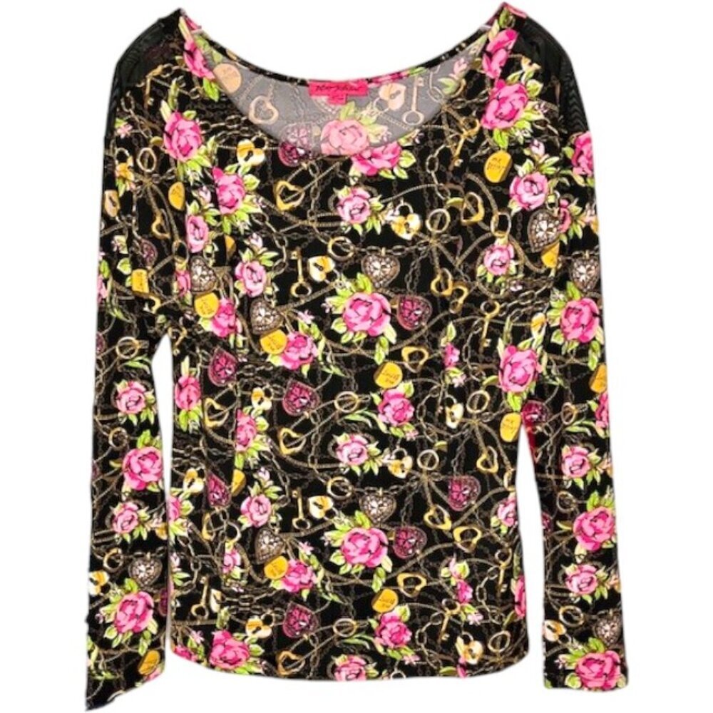 Betsey Johnson Secret Garden Top Roses Gold Rings Hearts - Black/Pink - L
